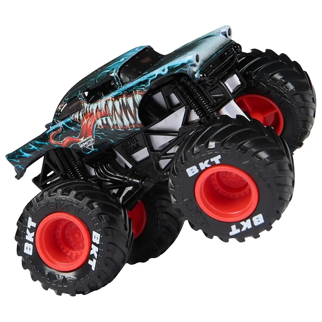 Monster Jam Venom truck angled view in black and teal metal body with fang graphics, oversized rubber tires with red rims, detailed frame and suspension, on a white background.