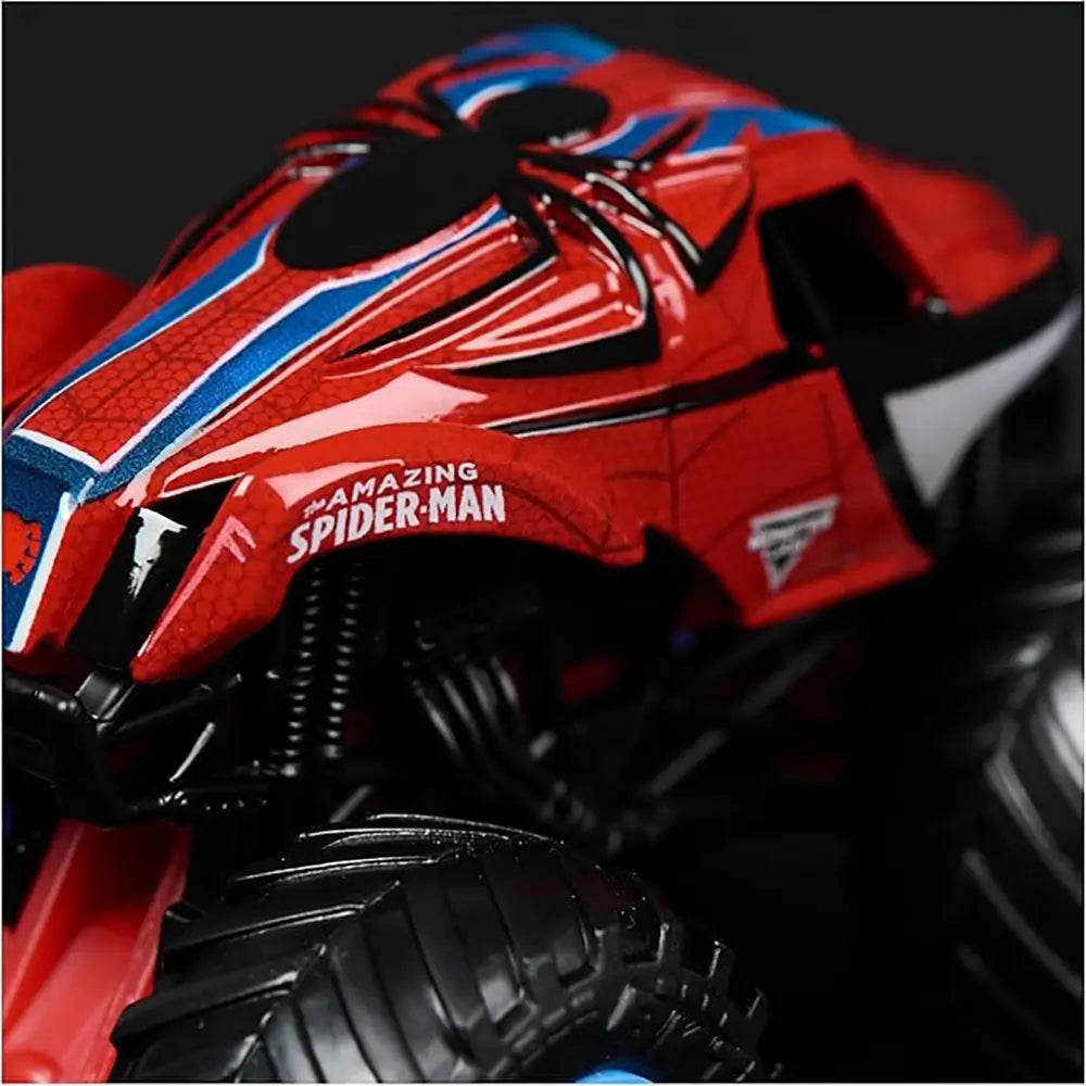 Monster Jam Spider-Man truck close-up showing red glossy metal body with black web graphics and blue accents, oversized textured rubber tires, detailed design on a dark studio background.