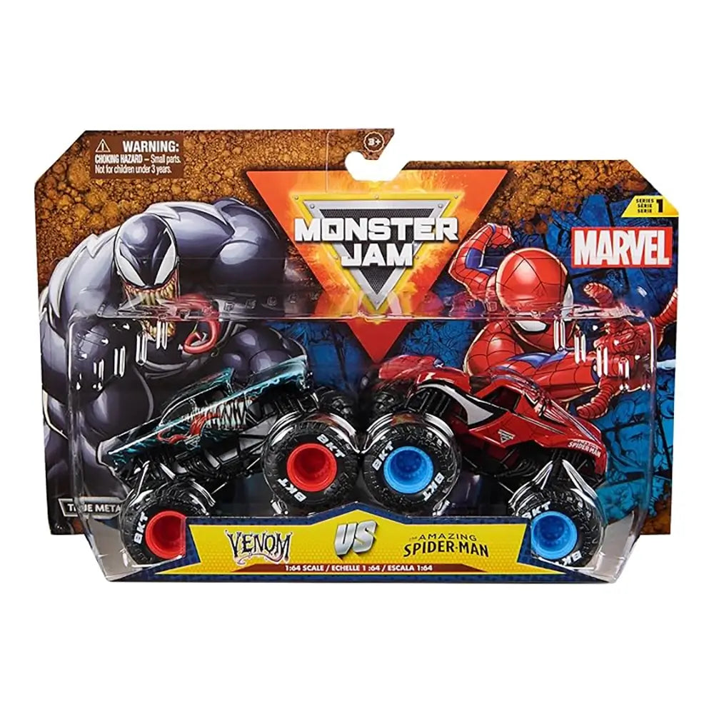 Monster Jam Marvel 2-pack packaging featuring Spider-Man and Venom trucks in red and black die-cast metal with oversized rubber tires, displayed in clear plastic box with branded artwork.