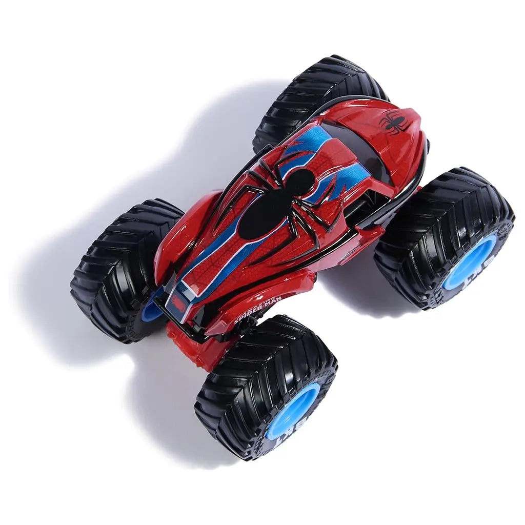Monster Jam Spider-Man truck top view showing red glossy metal body with black spider logo and blue accents, oversized rubber tires, detailed contours, on a clean white background.
