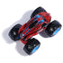 Monster Jam Spider-Man truck top view showing red glossy metal body with black spider logo and blue accents, oversized rubber tires, detailed contours, on a clean white background.