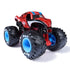 Monster Jam Spider-Man truck toy in red glossy metal with black web graphics and blue accents, oversized rubber tires, lifted suspension frame, displayed on a white background.