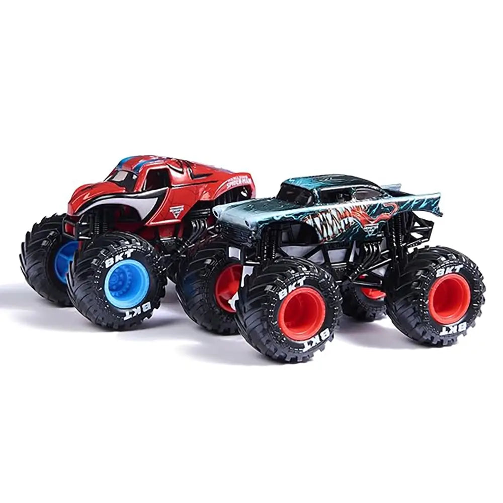Monster Jam Marvel toy trucks in red and black painted metal bodies with oversized rubber tires, featuring Spider-Man and Venom designs, displayed side by side on a clean white background.