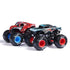 Monster Jam Marvel toy trucks in red and black painted metal bodies with oversized rubber tires, featuring Spider-Man and Venom designs, displayed side by side on a clean white background.