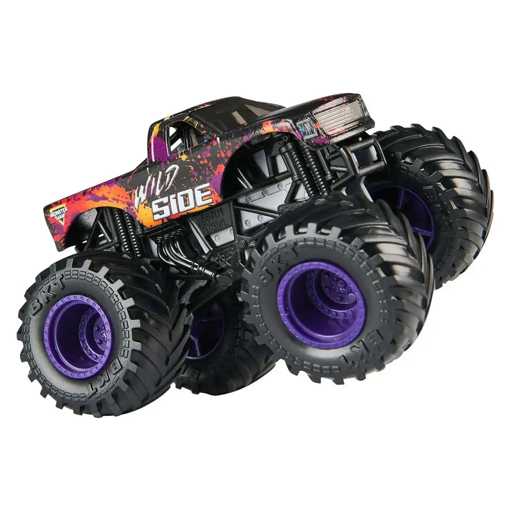 Black and purple Monster Jam Wild Side toy truck with dynamic splatter graphics, oversized treaded tires and purple hubs, captured in an angled pose on a clean white background.