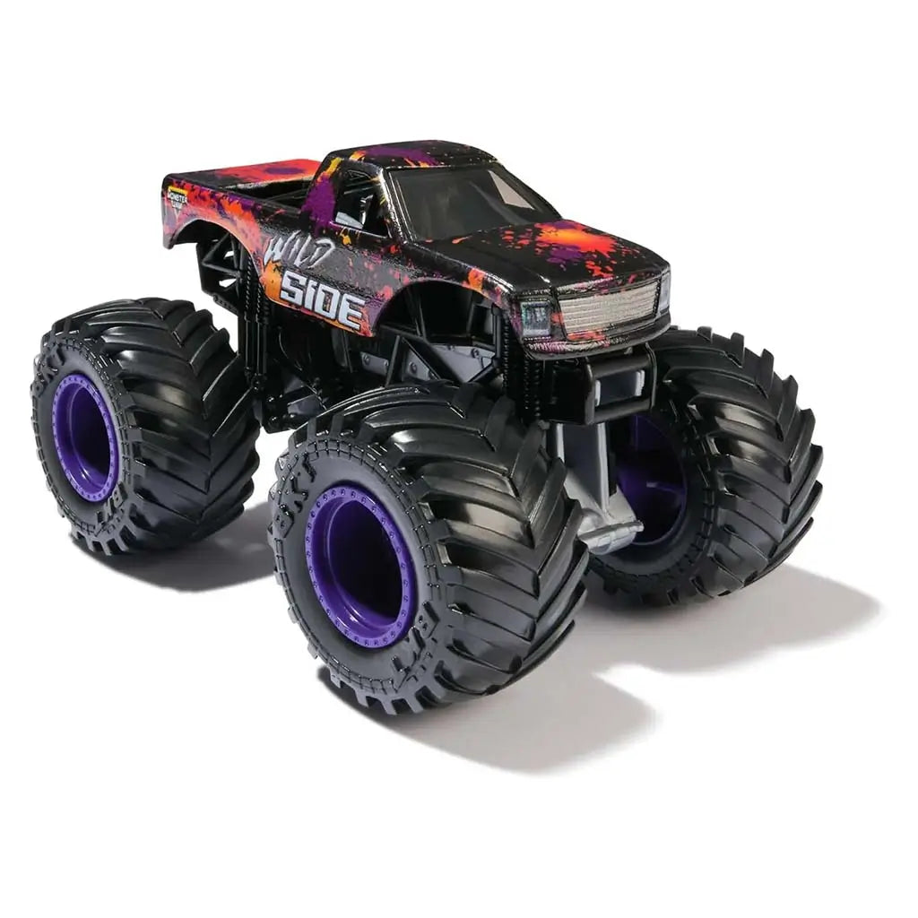 Black Monster Jam Wild Side toy truck with splatter-style orange and purple graphics, smooth plastic body, oversized black treaded tires with purple hubs, displayed on a clean white background for product clarity.