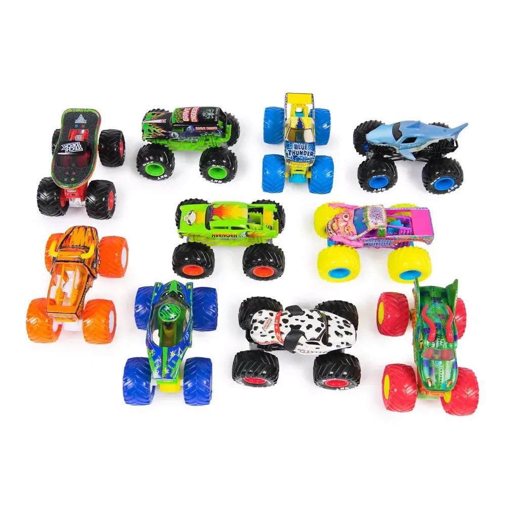 Monster Jam toy truck collection featuring colorful die-cast vehicles with oversized rubber tires, arranged in a grid layout on a white background, showcasing multiple designs and themes.