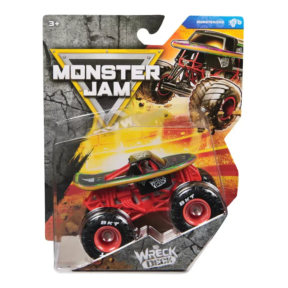 Monster Jam Wreck Deck toy truck in red and black die-cast metal with skateboard-themed top and oversized rubber tires, displayed in retail packaging with bold branding and action background.