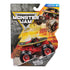 Monster Jam Wreck Deck toy truck in red and black die-cast metal with skateboard-themed top and oversized rubber tires, displayed in retail packaging with bold branding and action background.