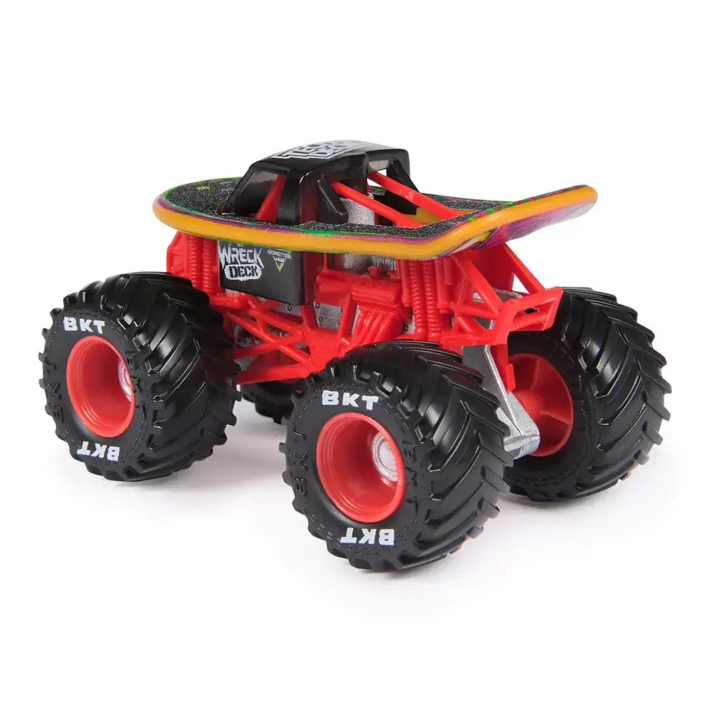Monster Jam Wreck Deck toy truck rear angled view in red metal frame with skateboard deck top, oversized black rubber tires, detailed chassis and suspension, shown on a white background.