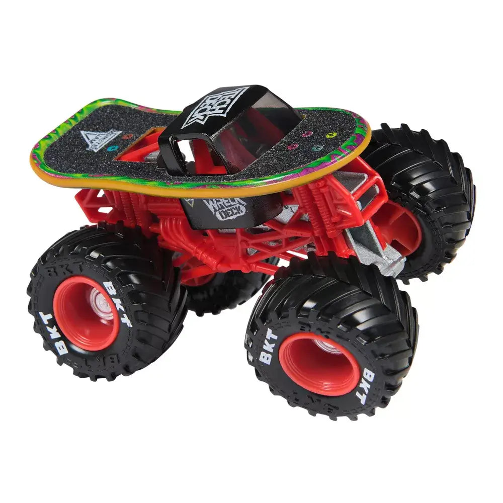 Monster Jam Wreck Deck toy truck in red metal frame with black body and skateboard deck top, oversized textured rubber tires, detailed suspension, displayed on a clean white background.
