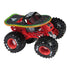 Monster Jam Wreck Deck toy truck in red metal frame with black body and skateboard deck top, oversized textured rubber tires, detailed suspension, displayed on a clean white background.
