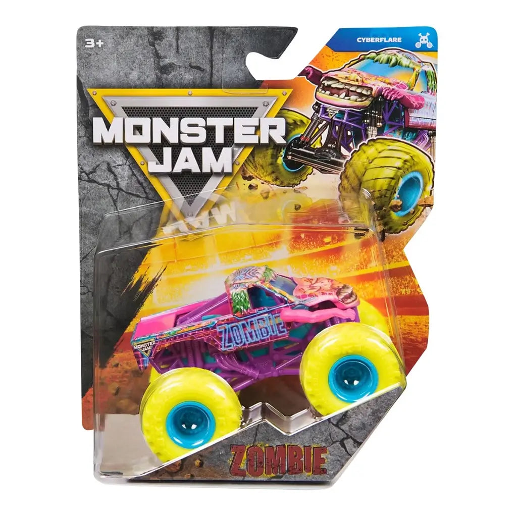 Monster Jam Zombie toy truck in neon yellow, purple, and pink molded plastic with textured zombie graphics, oversized rubber tires, and blue hubs, displayed in branded retail packaging with action artwork background.