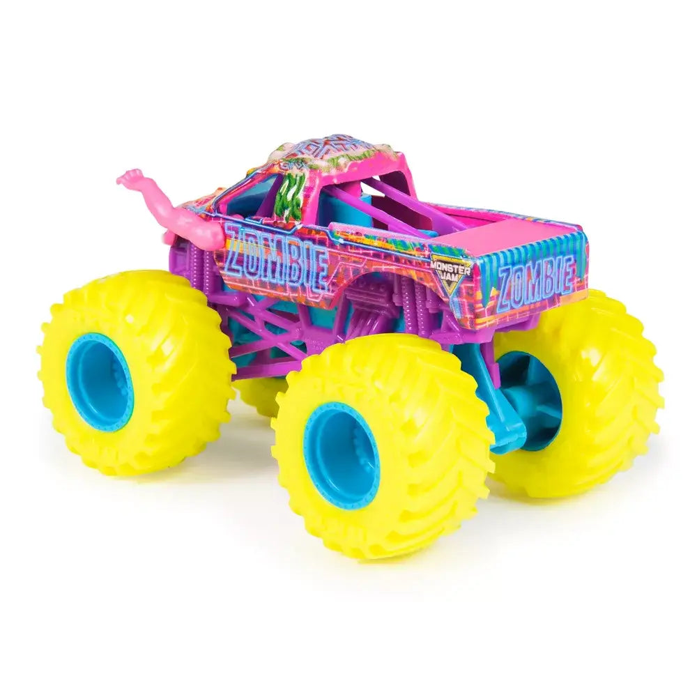 Monster Jam Zombie toy truck in bright yellow tires, purple chassis, and pink body with textured zombie details, oversized rubber tires, and blue hubs, shown in rear angled view on a clean white background.