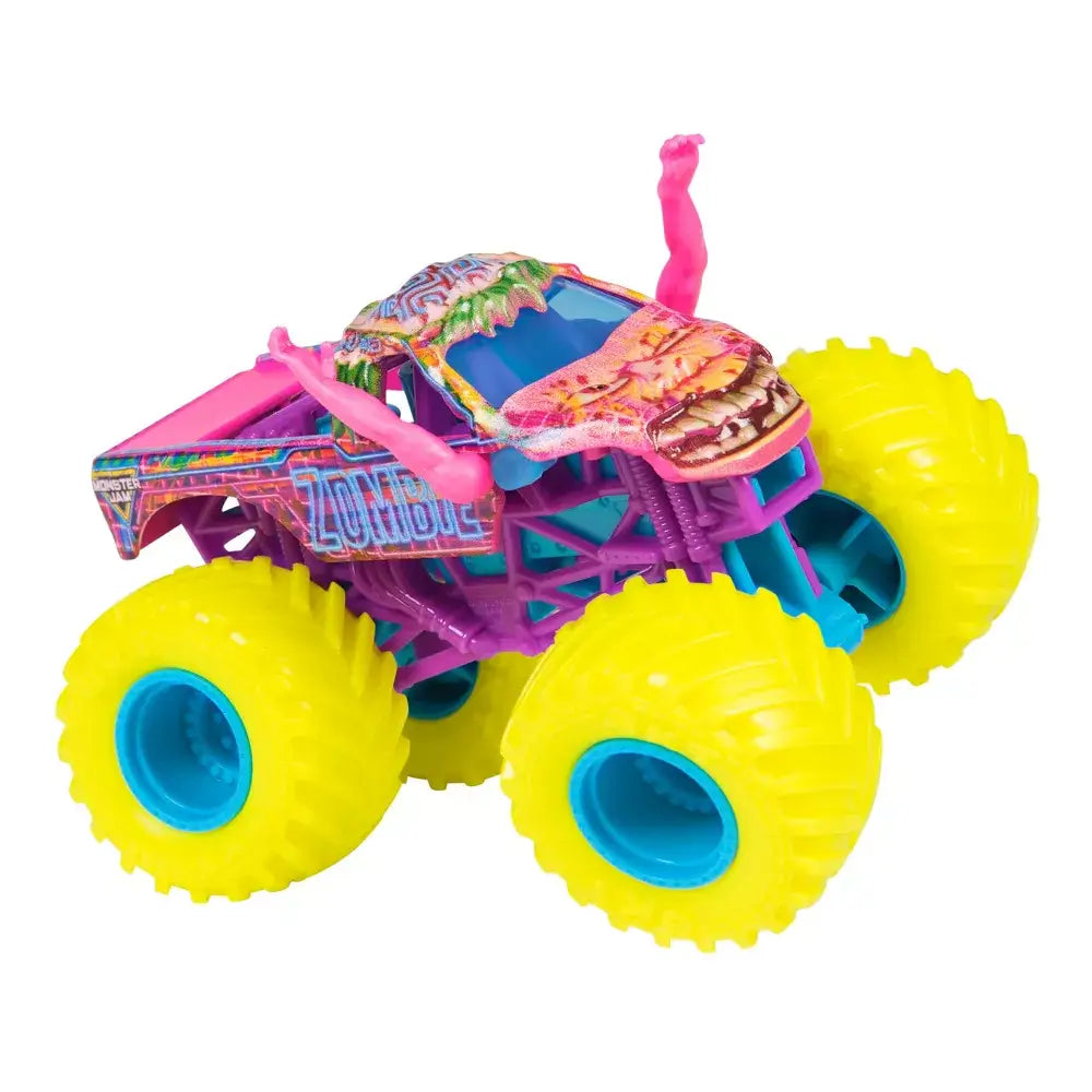 Monster Jam Zombie toy truck in neon yellow tires, purple frame, and pink body with textured zombie face details, oversized rubber tires with blue hubs, displayed on a clean white studio background.