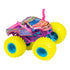 Monster Jam Zombie toy truck in neon yellow tires, purple frame, and pink body with textured zombie face details, oversized rubber tires with blue hubs, displayed on a clean white studio background.