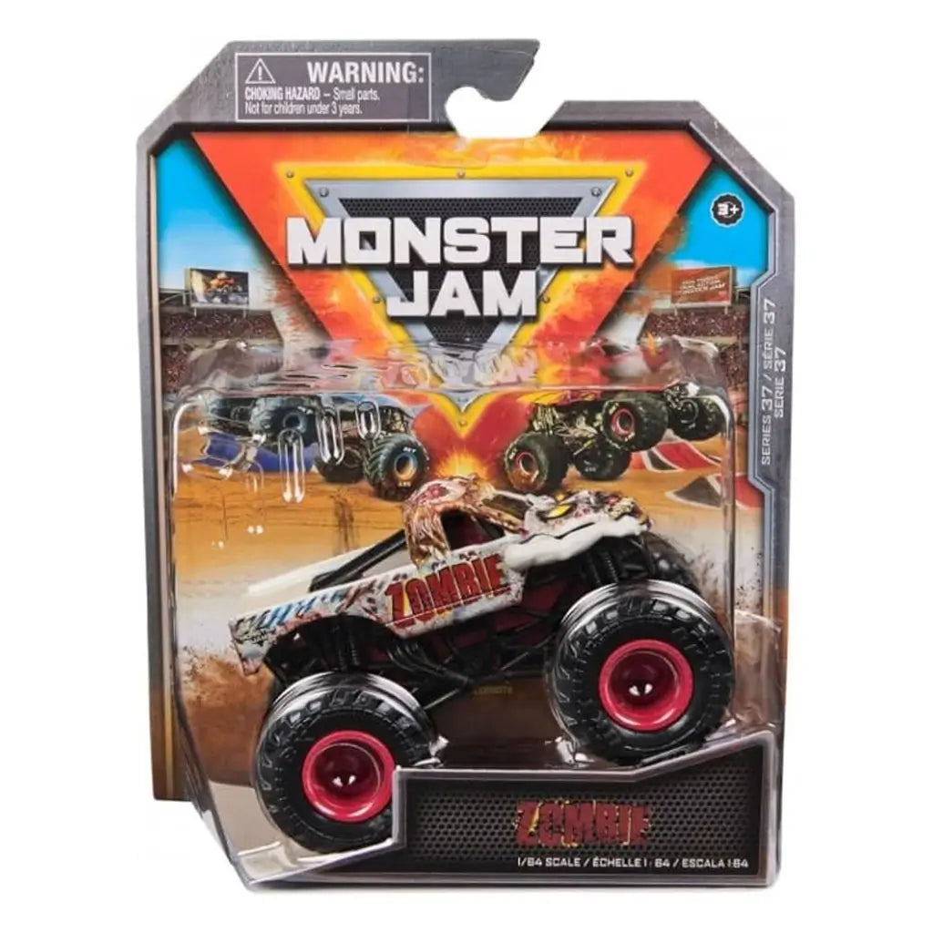 Front packaging of Monster Jam Zombie toy truck in collectible box with bold branding, action graphics, and clear display showing truck with detailed zombie face and red wheel rims.