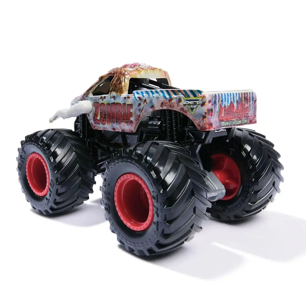 Rear angled view of Monster Jam Zombie diecast toy truck with distressed paint effect, raised zombie hands, chunky black tires, and bright red rims designed for kids’ imaginative play.