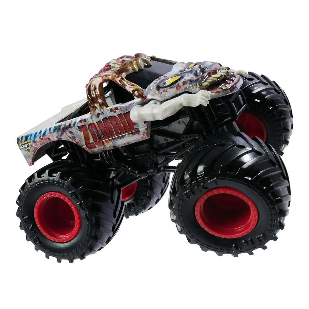 Monster Jam Zombie 1:64 scale toy truck side view with blood-splattered graphics, black oversized tires, red wheel hubs, and creepy zombie face molded on hood for Halloween-style design.
