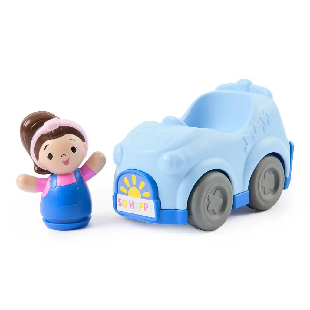 Ms. Rachel 1-2-3 Roll vehicle toddler toy in light blue plastic with gray wheels and separate smiling girl figure, rounded pull-back car design, interactive learning toy displayed together on a white background.