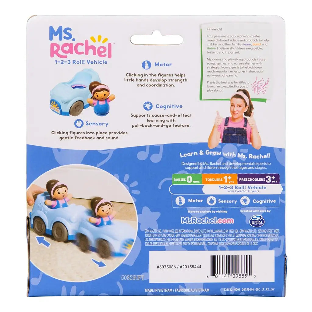 Ms. Rachel 1-2-3 Roll vehicle toddler toy in blue plastic with gray wheels and removable figure, educational pull-back car packaging back panel highlighting motor, sensory and cognitive skills on a blue and white background.