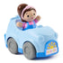 Ms. Rachel 1-2-3 Roll vehicle toddler toy in light blue molded plastic with gray wheels and smiling girl driver, rounded compact car shape, pull-back learning car isolated on a clean white background.