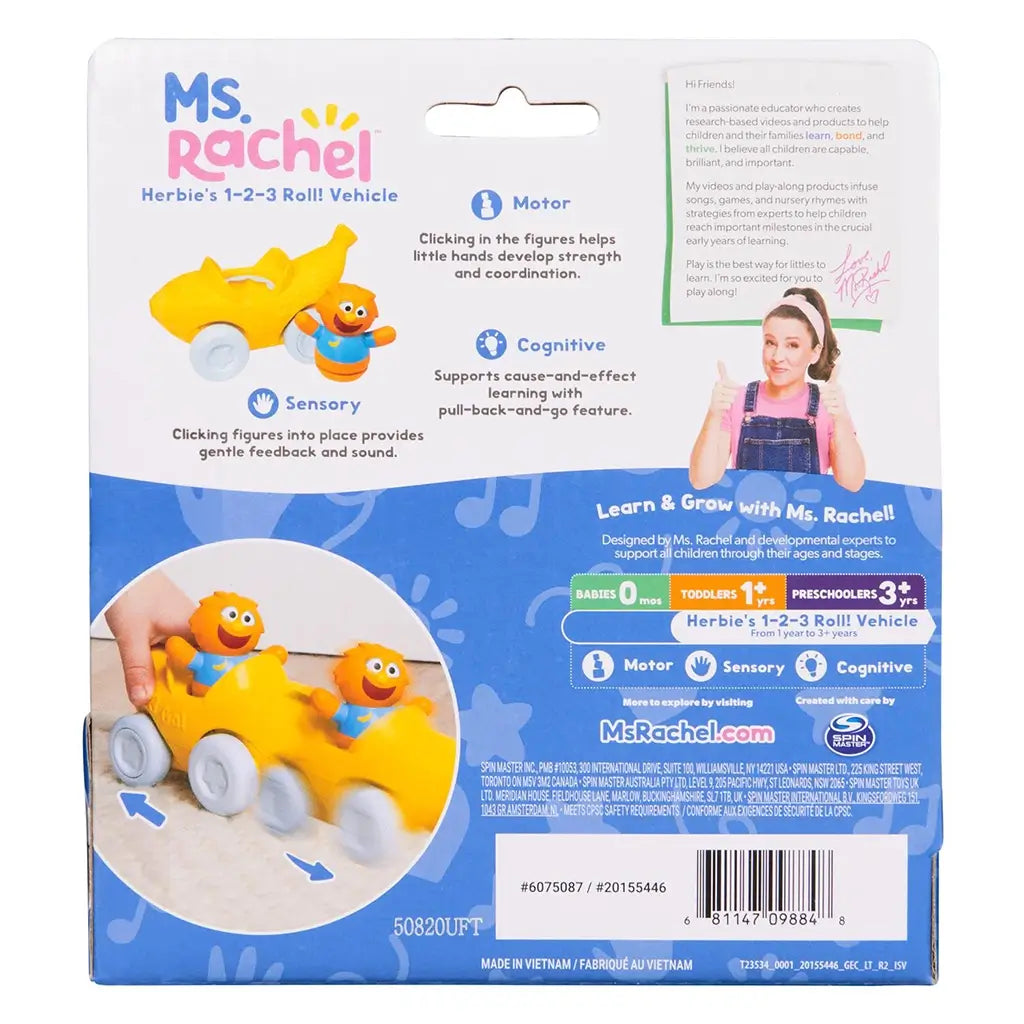 Ms. Rachel Herbie’s 1-2-3 Roll vehicle toy in yellow plastic with blue wheels and removable figure, educational toddler car packaging back panel featuring motor, sensory and cognitive learning details on a blue and white background.