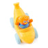 Ms. Rachel Herbie’s 1-2-3 Roll vehicle toddler toy in glossy yellow plastic with light blue wheels, curved banana-shaped body and smiling orange character, pull-back learning car viewed from above on a white background.