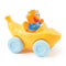 Ms. Rachel Herbie’s 1-2-3 Roll vehicle toddler toy in smooth yellow plastic with soft blue wheels, curved banana-shaped car and orange smiling character, pull-back learning car isolated on a clean white background.