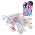 My Little Pony puzzle set with pastel cardboard pieces in interlocking shapes, showing ponies and floral graphics, alongside upright branded box on a clean white background display setting.