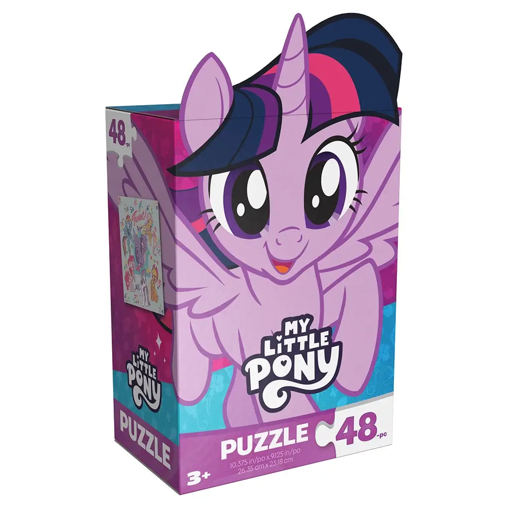 My Little Pony puzzle packaging in pink, purple, and blue glossy cardboard rectangular box, showing character illustration and logo on front, intended for children, isolated on a white background.