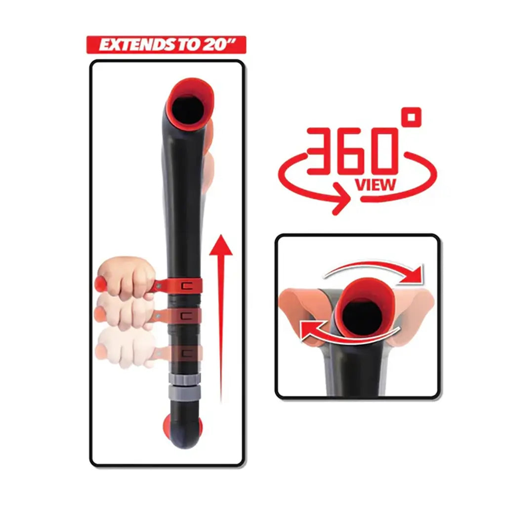 Close-up of Nature Explorer periscope in use, showing extension to 20 inches and 360-degree viewing rotation with red and black grip handles, demonstrating easy hand adjustment for children.