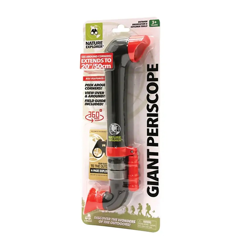 Packaged Nature Explorer Giant Periscope with black and red durable plastic body, labeled for ages 3+, showing extendable 20-inch view and 360-degree rotation ideal for outdoor exploration.
