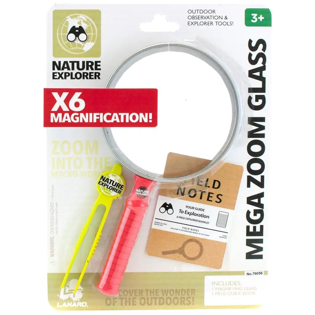 Nature Explorer Mega Zoom Glass kit in retail packaging showing large magnifier, yellow tweezers, and field notes booklet with X6 magnification label for outdoor educational play.