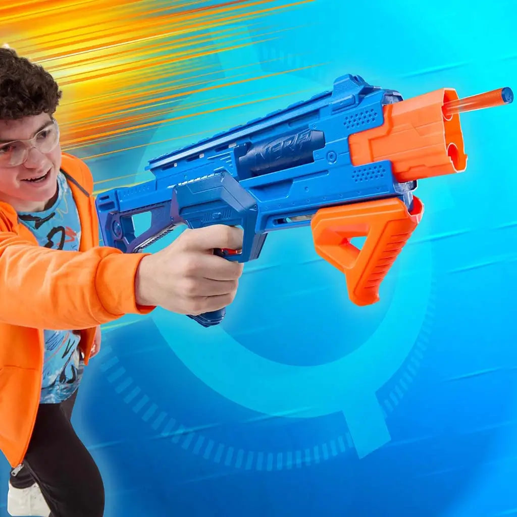 Child aiming the Nerf N-Series Double Impact blaster while moving forward, with vivid blue and orange colors emphasized against a dynamic blue digital background that suggests fast action play.