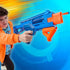 Child aiming the Nerf N-Series Double Impact blaster while moving forward, with vivid blue and orange colors emphasized against a dynamic blue digital background that suggests fast action play.