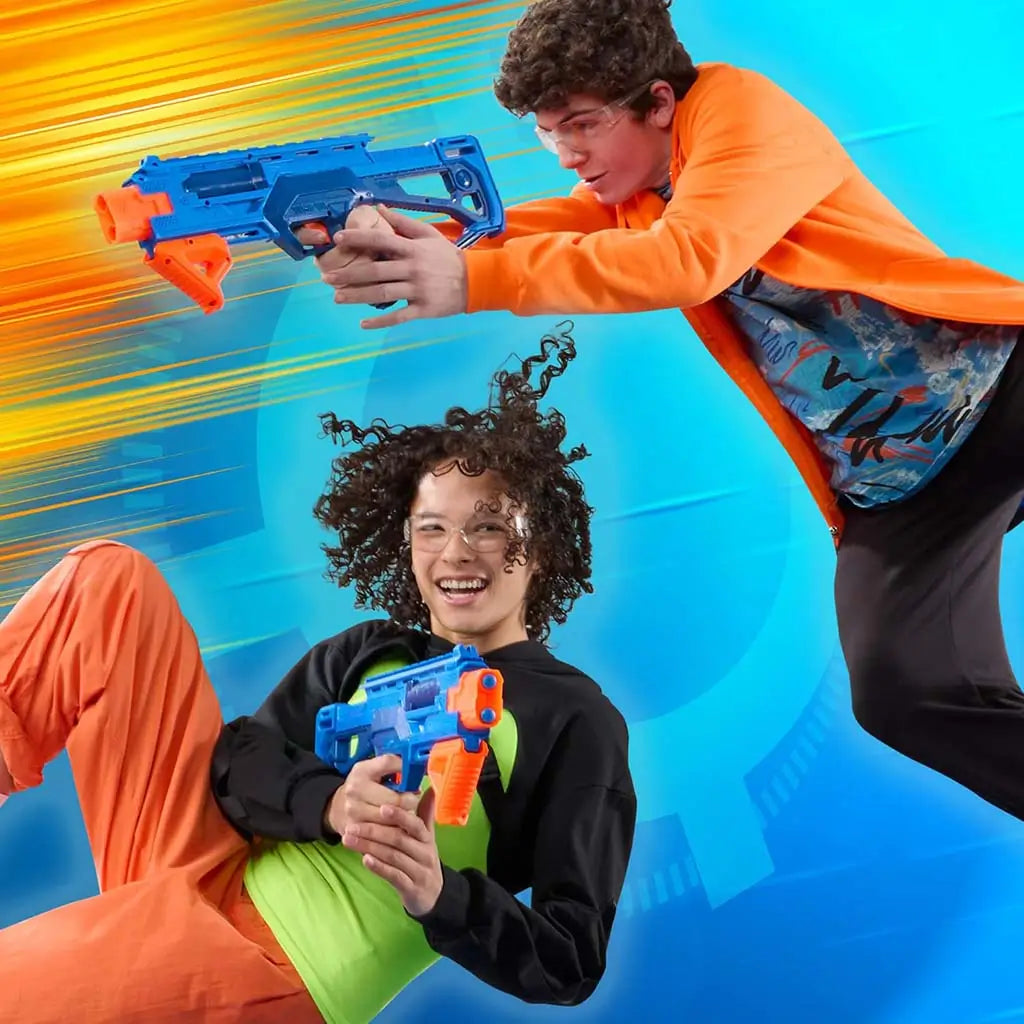 Two kids holding Nerf N-Series Double Impact blasters, posed mid-motion against a bright motion-blur blue background to show energetic foam-dart battle fun and lightweight blaster handling.