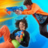 Two kids holding Nerf N-Series Double Impact blasters, posed mid-motion against a bright motion-blur blue background to show energetic foam-dart battle fun and lightweight blaster handling.