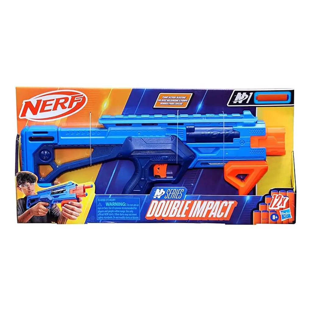 Nerf N-Series Double Impact retail packaging featuring the blue-and-orange blaster in a windowed box with action graphics, brand logos, and included dart count displayed along the lower panel.