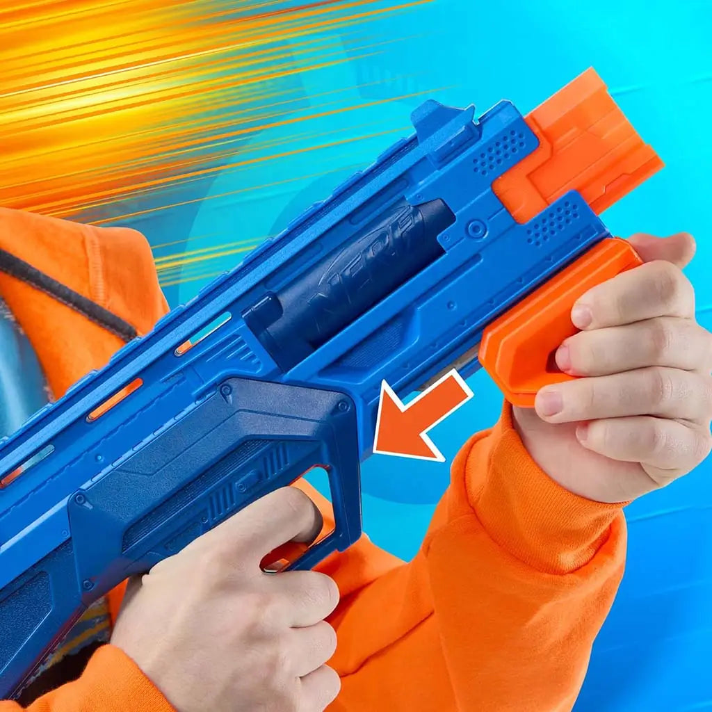 Close-up of the Nerf N-Series Double Impact blaster being primed as a hand pulls back the orange slide, demonstrating the pump-action mechanism used before firing soft foam darts.