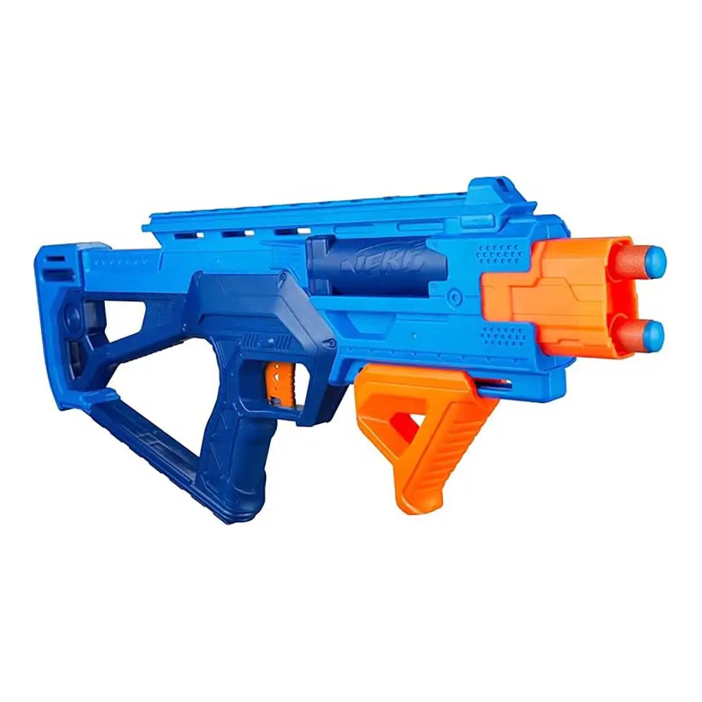 Nerf N-Series Double Impact blaster in bright blue and orange molded plastic with dual front barrels, angled foregrip, and textured body displayed on a clean white background for clear product viewing.