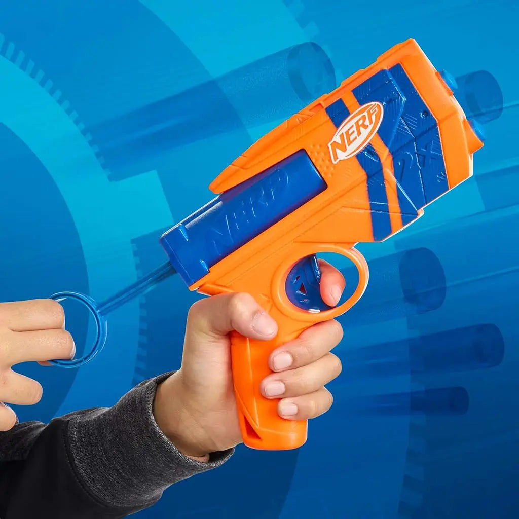 NERF N-Series dart blaster close-up of an orange and blue toy pistol-shaped launcher as a child pulls back the circular priming ring, demonstrating the smooth pull-action design against a blue graphic backdrop.