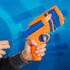 NERF N-Series dart blaster close-up of an orange and blue toy pistol-shaped launcher as a child pulls back the circular priming ring, demonstrating the smooth pull-action design against a blue graphic backdrop.