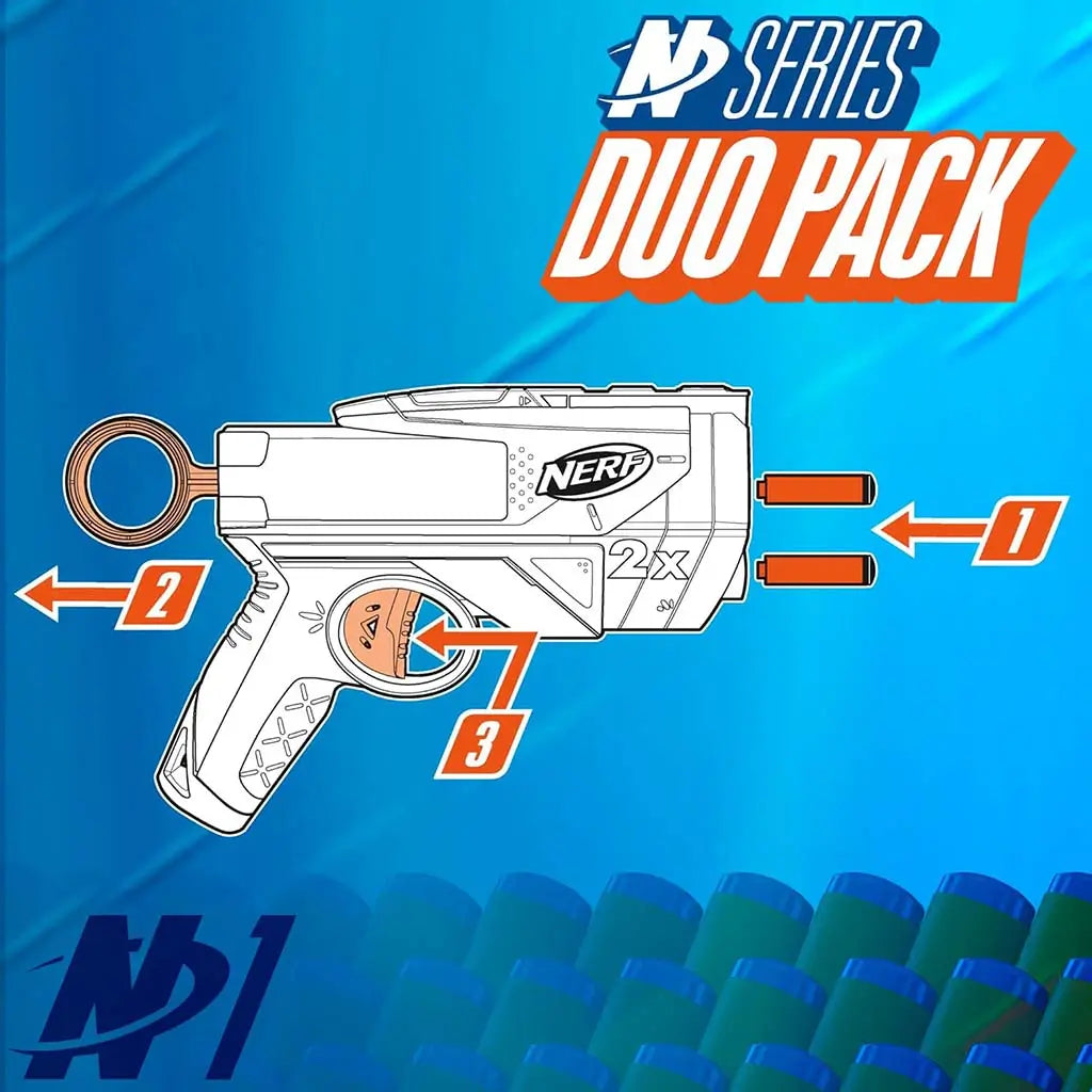 NERF N-Series duo pack illustrated instructions show a white outline of the orange blaster, arrows for loading two foam darts, pulling the priming ring, and squeezing the trigger, all on a teal blue background.