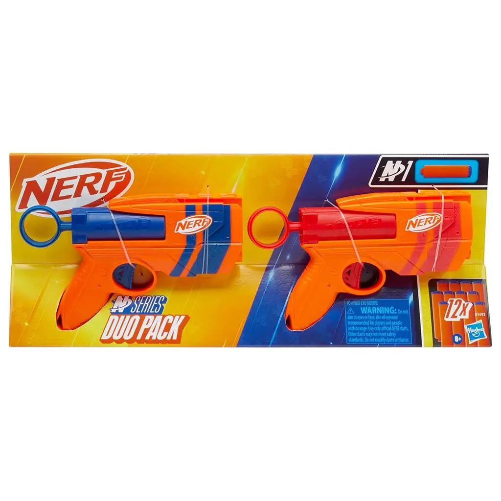 NERF N-Series duo pack retail packaging featuring two orange dart blasters with blue and red barrels secured in a yellow and blue box, branded with bold NERF logo and callout for twelve included foam darts.