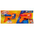 NERF N-Series duo pack retail packaging featuring two orange dart blasters with blue and red barrels secured in a yellow and blue box, branded with bold NERF logo and callout for twelve included foam darts.
