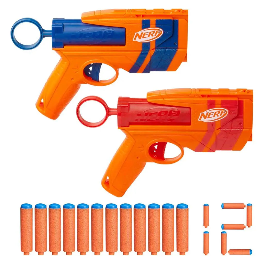 NERF N-Series duo pack shows bright orange plastic dart blasters with blue and red accents in compact pistol shapes, displayed with matching foam darts neatly lined below on a clean white background.
