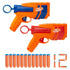 NERF N-Series duo pack shows bright orange plastic dart blasters with blue and red accents in compact pistol shapes, displayed with matching foam darts neatly lined below on a clean white background.