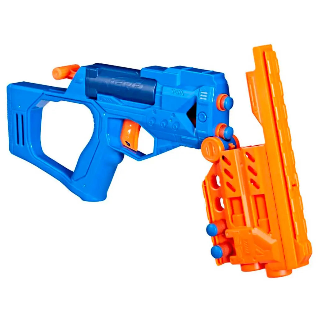 Nerf N-Series Topbreaker dart blaster shown open with the orange front barrel assembly hinged downward, revealing loading chambers and extra dart pegs along the side for quick reloads.