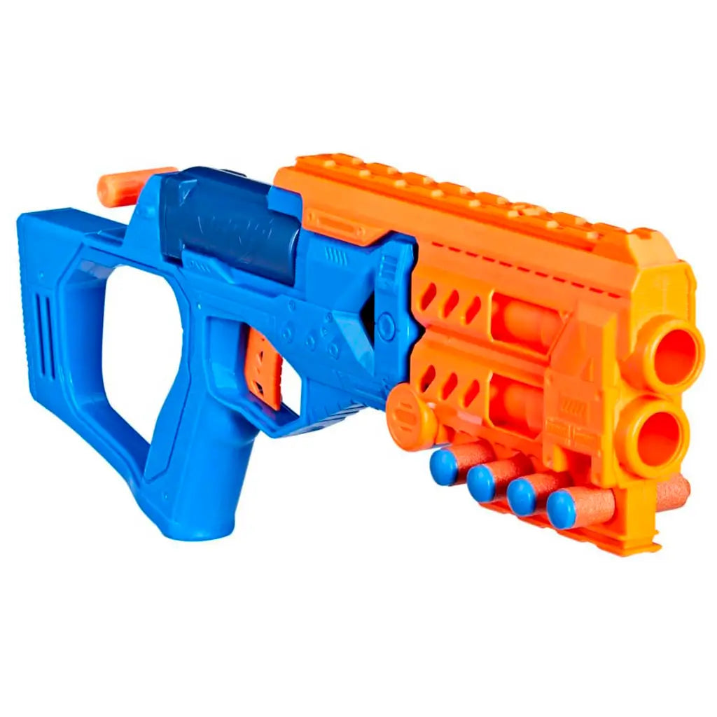 Angled view of the Nerf N-Series Topbreaker blaster with orange foam darts and blue tips stored in side holders, highlighting the textured grip, dual barrels, and rugged sci-fi styling.